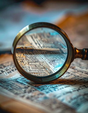 A vintage brass magnifying glass hovers over an old newspaper, bringing the fine print into sharp focus.の素材
