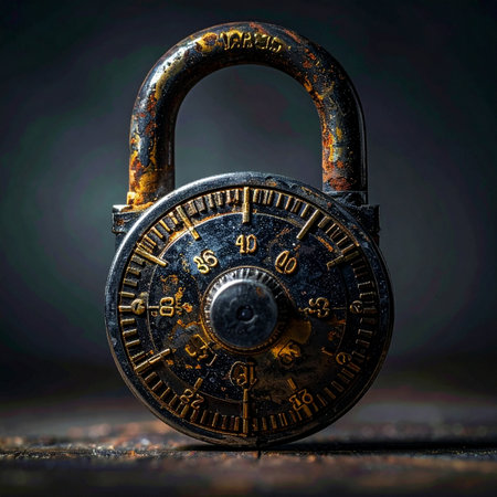 A close-up of a weathered and rusty combination lock, its dial frozen in time. It holds forgotten secrets and stories from the past, a symbol of enduring security and unsolved mysteries.の素材