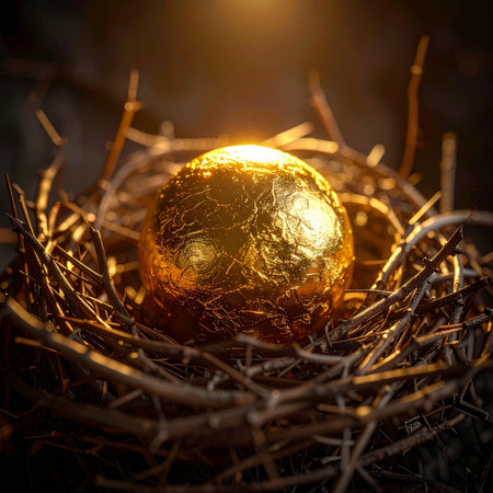 A single, precious golden egg rests securely in a rustic bird's nest, illuminated by a warm, hopeful light.の素材
