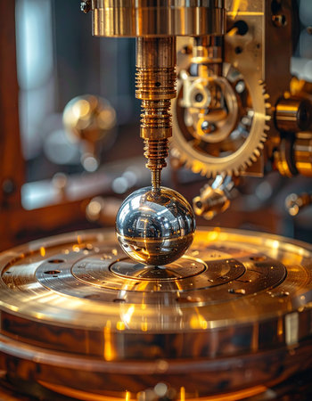 In a workshop filled with the warm glow of brass and copper, a complex machine performs a delicate task.の素材