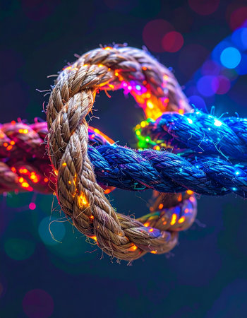 A strong, traditional rope is intertwined with vibrant, glowing fiber optic lights, tied together in a secure knot.の素材