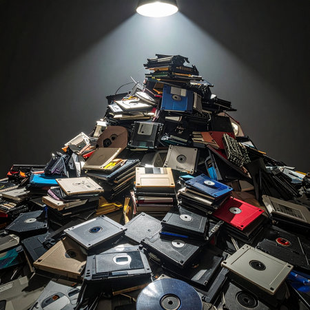 A single spotlight dramatically illuminates a massive pile of outdated data storage, including floppy disks and CDs.の素材