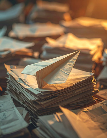 A lone paper airplane, a product of creative procrastination, sits atop a forgotten stack of old documents and letters.の素材