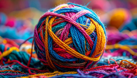 A vibrant explosion of color captured in a single ball of multi-hued yarn. Each strand tells a story of potential, ready to be woven, knitted, or crocheted into a unique creation.の素材