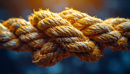 A detailed macro shot captures the intricate fibers of a thick, heavy-duty rope, tightly twisted together.の素材