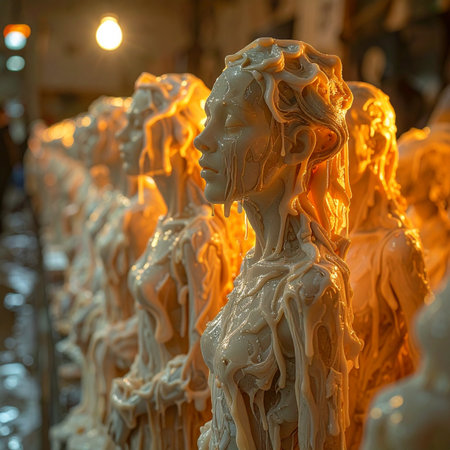 In the warm glow of a workshop, a row of wax figures stands in silent testament to the artist's process.の素材