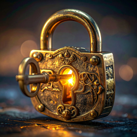 A vintage key turns within an ornate golden padlock, revealing a warm, magical glow from the keyhole.の素材