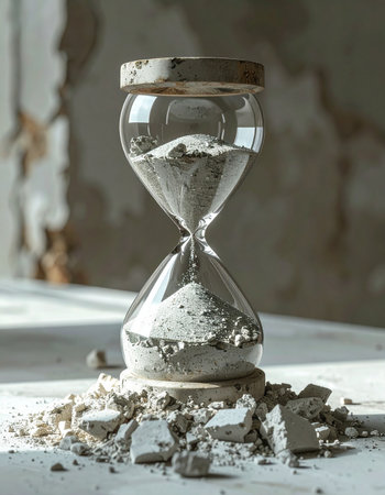 An hourglass, a symbol of fleeting moments, sits broken amidst rubble.の素材