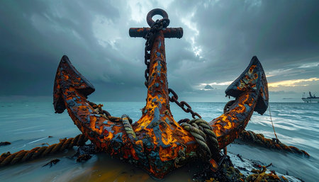 A colossal, rust-covered anchor rests firmly on the wet sand, a testament to maritime history and enduring strength.の素材