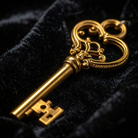 An ornate, antique golden key rests upon a bed of rich black velvet. Its intricate design hints at a forgotten story, a hidden door, or a secret waiting to be discovered.の素材