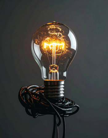 A single vintage-style Edison bulb casts a warm, inviting glow against a dark background.の素材