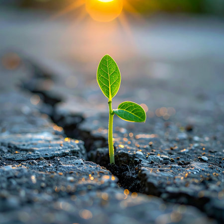 Against all odds, a tiny green sprout emerges from a crack in the dark asphalt, reaching for the warm glow of the morning sun.の素材