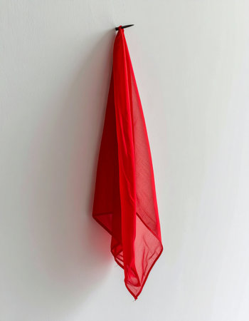 A single, vibrant red scarf hangs in quiet stillness against a plain white wall.の素材