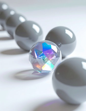 In a uniform line of plain gray spheres, one iridescent, faceted crystal ball stands out, capturing the light and showcasing its unique brilliance.の素材