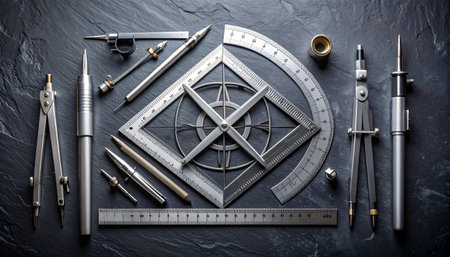 A meticulously arranged collection of vintage drafting instruments lies on a dark slate surface, evoking a sense of history, precision, and the foundational principles of design.の素材
