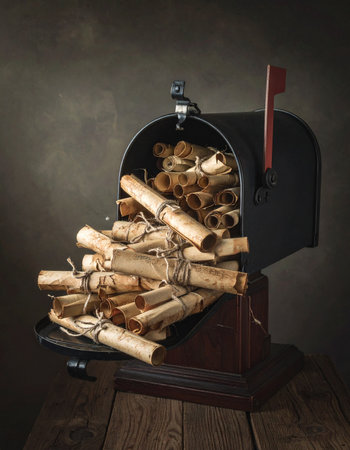 A classic mailbox overflows with an impossible delivery of ancient, tied scrolls.の素材