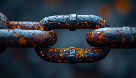 A close-up view reveals the intricate texture of rust on a heavy industrial chain.の素材
