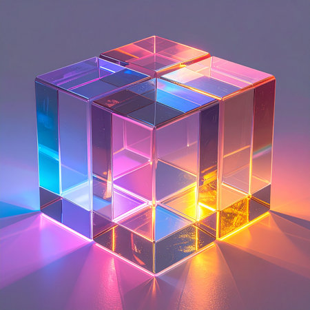 A precisely structured glass cube captures and refracts a spectrum of vibrant, ethereal light.の素材
