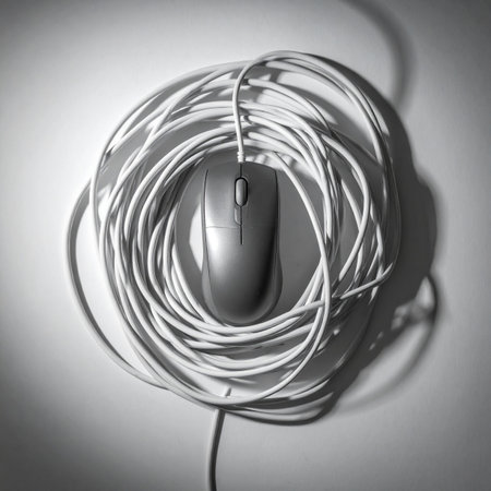 In a stark, monochrome world, a simple computer mouse finds itself ensnared by the very cable that gives it life.の素材