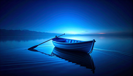 An empty rowboat rests on the still, glassy surface of a lake under the enchanting glow of a deep blue night.の素材