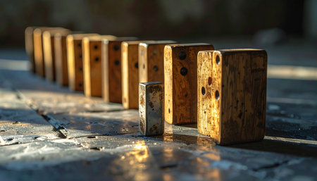 A line of weathered, vintage wooden dominoes stands poised on a rustic surface, bathed in the warm glow of late afternoon sun.の素材