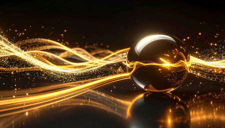 Streams of pure golden energy and sparkling data particles flow with incredible speed, converging on a central sphere.の素材