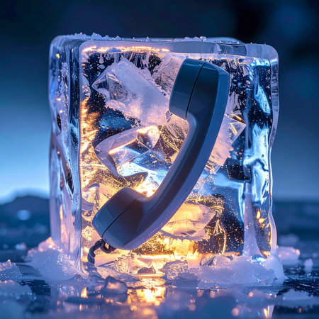 A vintage telephone receiver is suspended and frozen solid within a glowing block of ice, symbolizing a communication breakdown or a message left on hold indefinitely.の素材