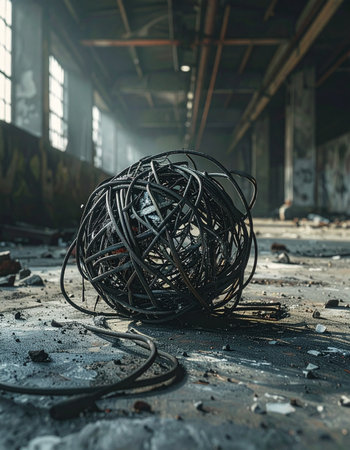 In the dusty silence of a forgotten factory, a massive, tangled knot of black cables rests on the concrete floor.の素材