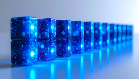A single push begins an unstoppable chain reaction. Luminous blue dominoes, glowing with digital energy, stand ready to fall in a perfect sequence.の素材