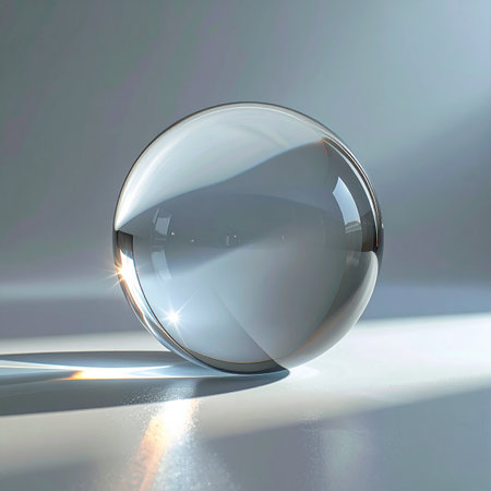 A flawless crystal sphere sits on a smooth, neutral surface, capturing and refracting light to create elegant shadows and subtle rainbow caustics.の素材