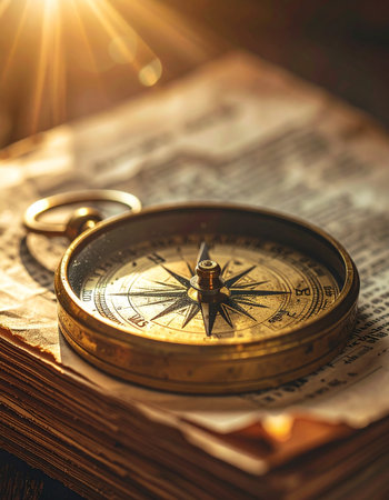 An antique brass compass rests upon an ancient map, its needle pointing towards a new adventure.の素材