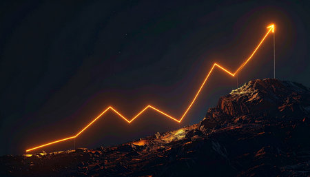A luminous orange line graph charts a path of progress, navigating a rugged, dark mountain landscape.の素材