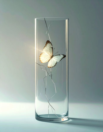 A delicate white butterfly perches on a crack inside a glass vase, illuminated by a soft, hopeful glow.の素材