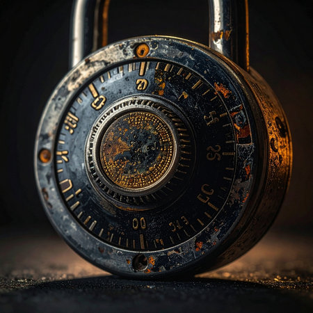 This weathered combination lock holds forgotten secrets. Its rusted metal surface and worn dial tell a story of time and endurance, guarding a mystery waiting to be solved.の素材