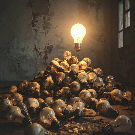 In a dark, forgotten space filled with discarded and burnt-out ideas, a single, brilliant concept illuminates everything.の素材