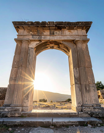 The golden light of a setting sun bursts through a majestic ancient stone archway, a gateway to history.の素材