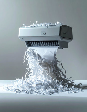 An office paper shredder works tirelessly, transforming sensitive documents into a pile of indecipherable strips.の素材