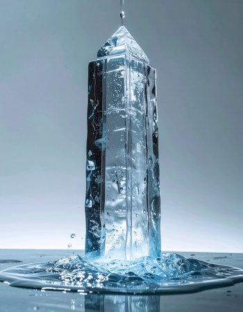 A pristine, crystalline tower of ice, shaped like a modern skyscraper, succumbs to warmth.の素材