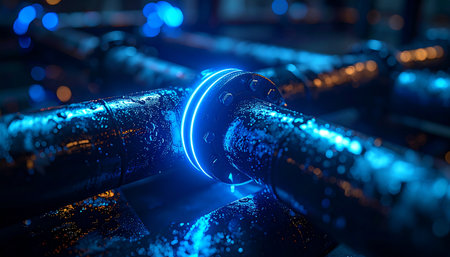 A single link in a heavy industrial chain glows with a vibrant blue neon light, symbolizing a powerful digital connection.の素材