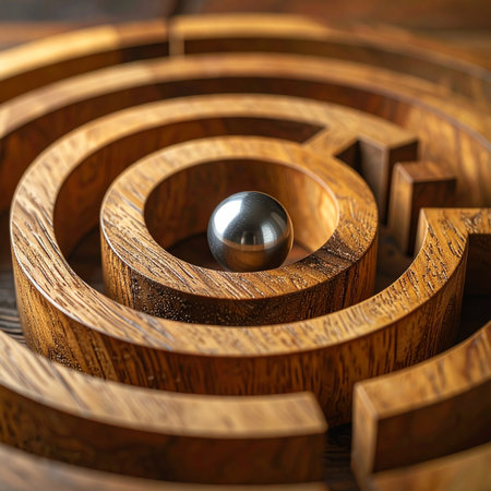A single metal sphere rests near the center of a complex wooden labyrinth.の素材