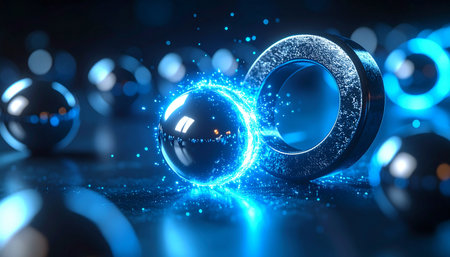 A central sphere of pure energy unleashes a brilliant blue light, representing a powerful scientific breakthrough or the birth of a new technology.の素材