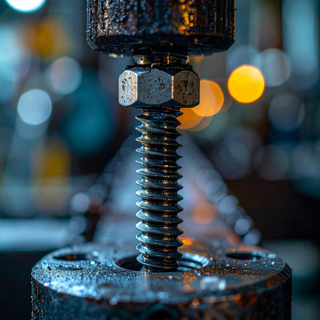 In the heart of the factory, a heavy-duty screw mechanism stands ready, its greased threads gleaming under the workshop lights.の素材