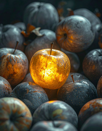 In a sea of ordinary, one apple radiates with an inner light, a powerful symbol of individuality, innovation, and standing out.の素材