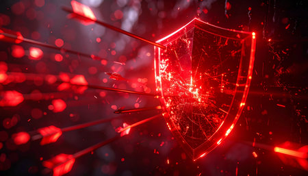 A luminous red energy shield withstands a relentless barrage of incoming arrows, cracking under the immense pressure but not breaking.の素材
