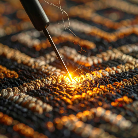 A glowing soldering iron tip makes a precise connection on a complex, woven surface.の素材