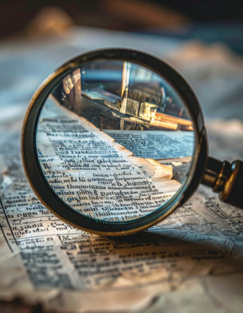 In a quiet study filled with the scent of old paper, a magnifying glass hovers over a historical manuscript.の素材