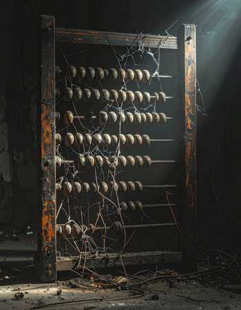 In a forgotten, dust-filled room, a single beam of light illuminates a giant, decaying abacus.の素材