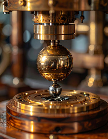 A detailed close-up of an intricate brass machine, where polished spheres and gears balance with perfect precision.の素材