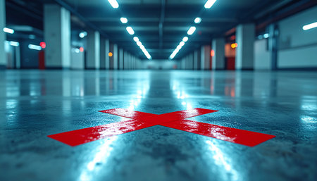 A bold red 'X' marks a spot on the polished concrete floor of a vast, empty underground parking garage.の素材