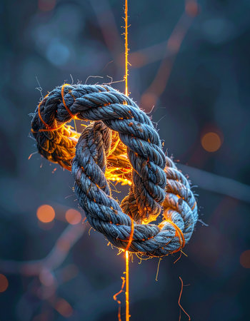 A thick rope, bound in a powerful knot, glows with an inner fire against a dark, mysterious background.の素材